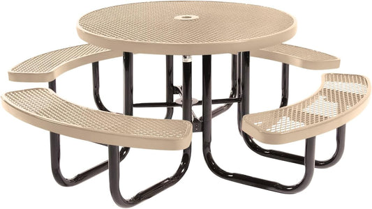 Heavy-Duty Portable Outdoor Picnic Table with Umbrella Hole, Expanded Metal Commercial-Grade Patio Dining Furniture Made in America (46" Round Top, Tan)