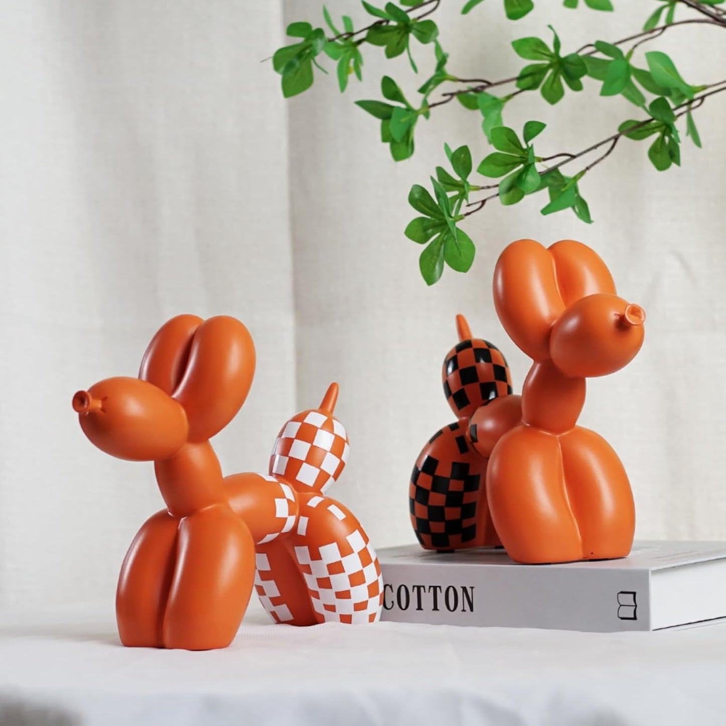 Vilead Resin Balloon Dog Statue with Checkered Pattern,Modern Home Decoration Trendy Animal Art Ornaments,Collection Figurine Bedroom Living Room Office Desktop Sculpture