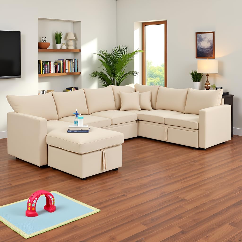 7 - Seater Sofa Bed, Large U - Shaped Modular Sectional Sofa, Oversized Pull - Out Sleeper with Storage for Living Room, Beige