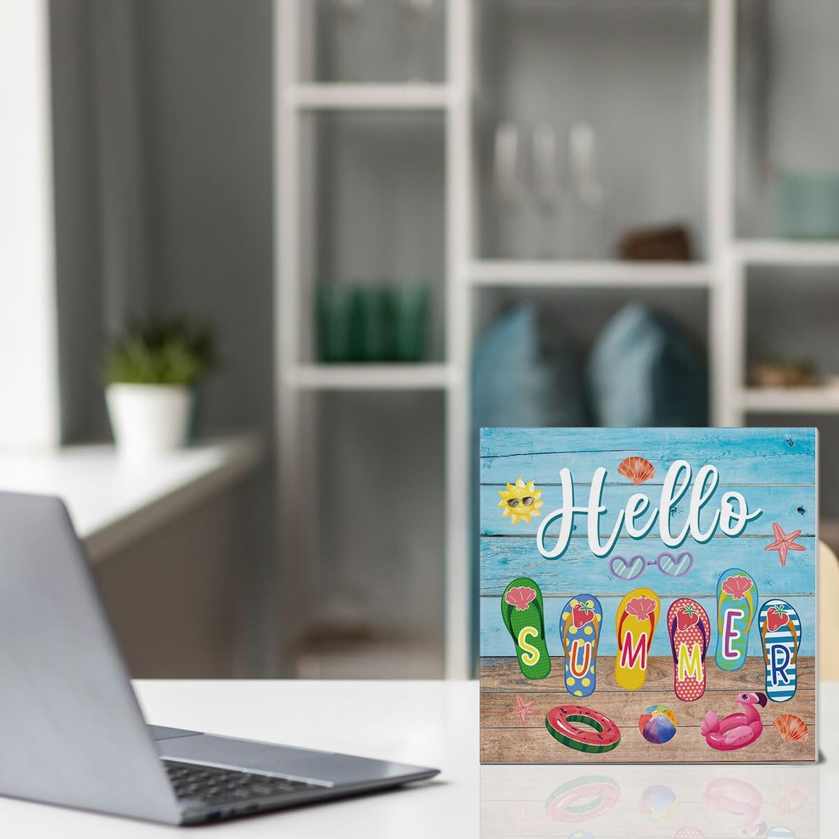 Summer Decor Hello Summer Decorations Flip Flop Wooden Sign Rustic Home Decor 5 x 5 Inches