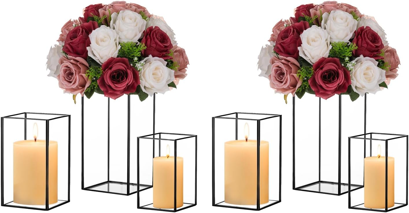 Hewory Glass Hurricane Candle Holder Set of 6, Black Large Hurricane Centerpiece for Table, Tall Floor Square Pillar Candle Holders Lantern Set for Wedding, Anniversary, Party, Fireplace, Dining Room