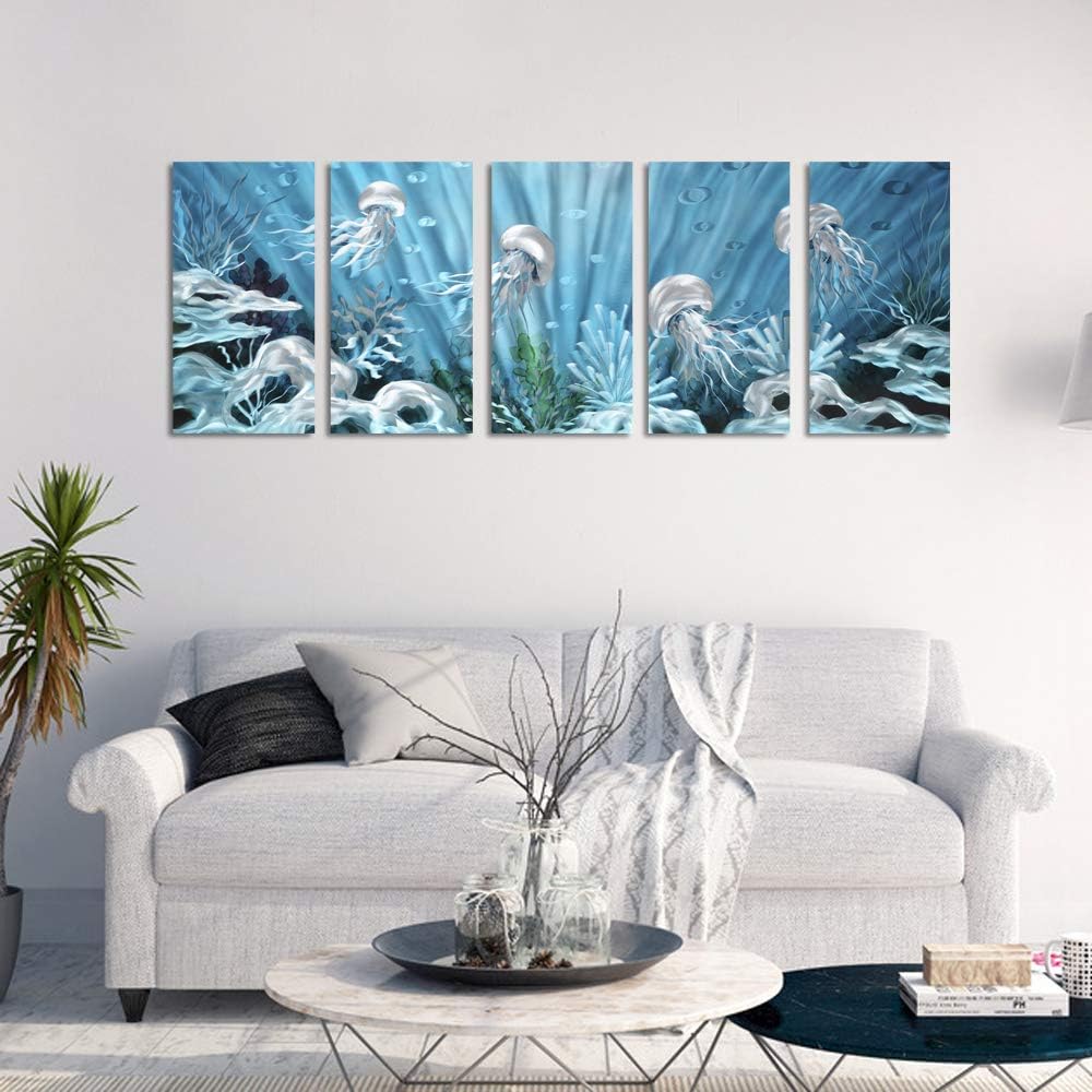 Yihui Arts Blue Deep Sea Metal Wall Art, Large Jellyfish Metal Artwork in Modern Ocean Design, 3D Wall Art for Modern and Contemporary Decor, 5-Panels, Metal Wall Decor