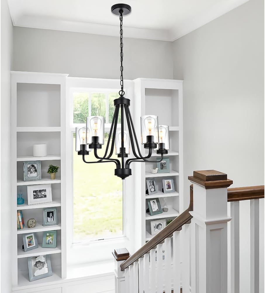 5-Lights Modern Chandelier with Clear Glass Shades, Black Farmhouse Pendant Lighting for Dining Room Kitchen Island Ceiling Light Fixture Haning Over Table