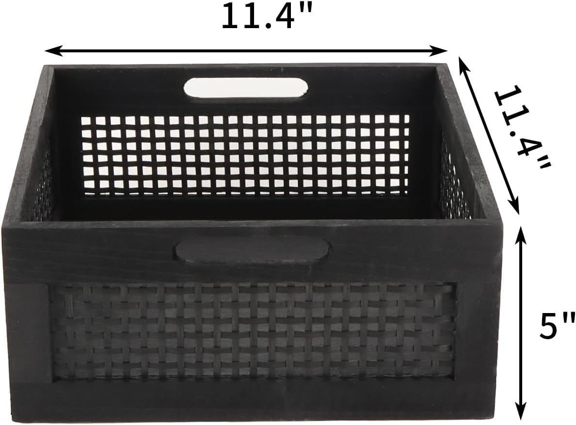 YRMT Wood Storage Crate Basket Rustic Wooden Storage Container for Organizing Decorative Bamboo Box with Handles for Pantry, Shelves Organizer 11.4" x 11.4" x 5" (Black)