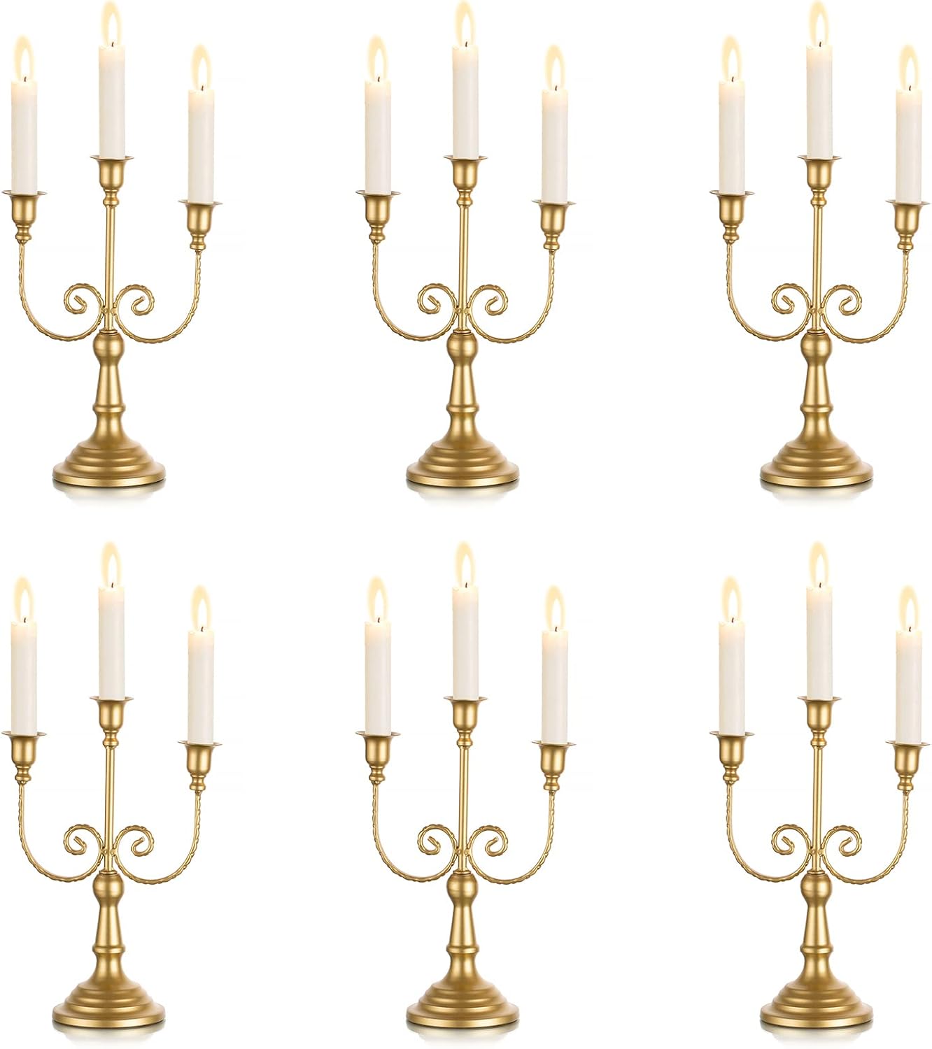 Sziqiqi Gold Taper Candle Holder for Centerpiece - 3-arm Candlesticks Holder for Wedding Table Centerpieces Metal Candle Stick Holders for Fireplace Mantle Set of 6