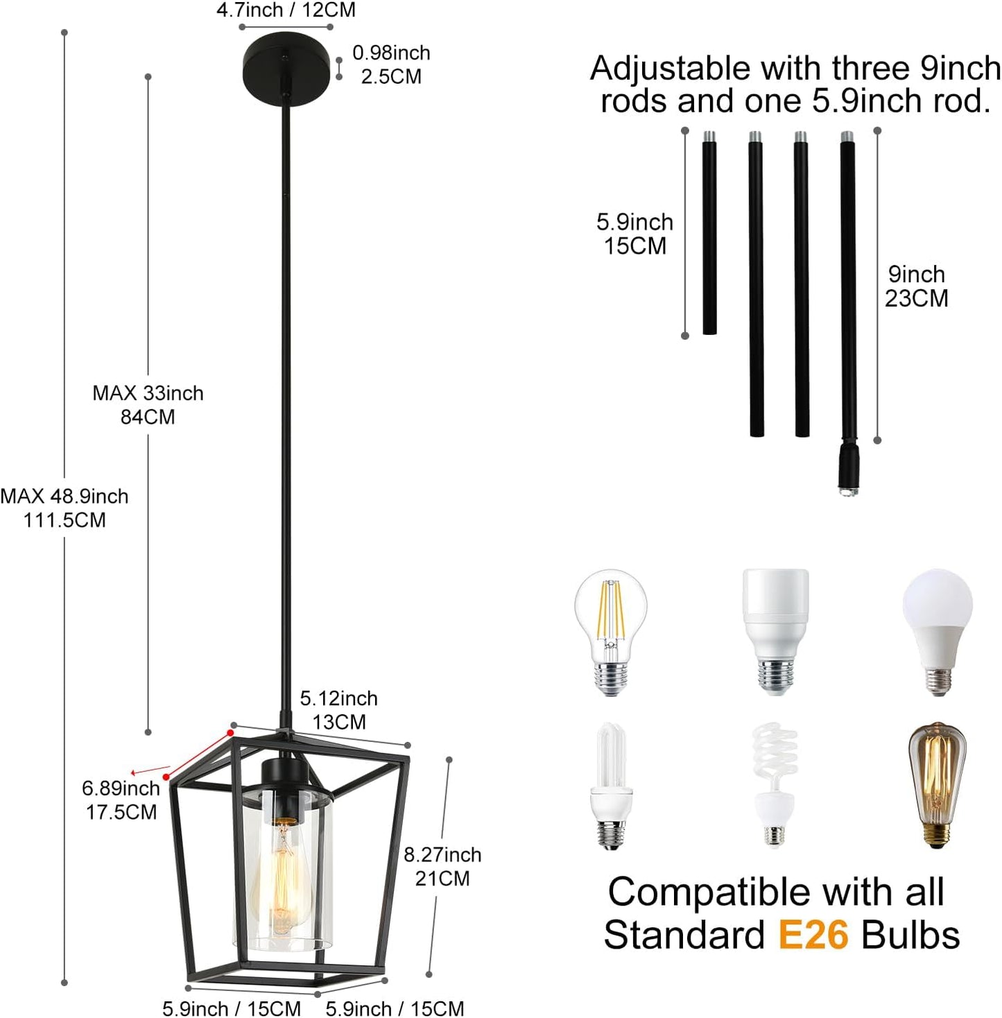 1-Light Black Pendant Light Fixture Farmhouse Iron Cage Metal Pendant Light Lantern Hanging Light Fixtures with Clear Glass Shade for Kitchen Island, Entryway, Dining Room, Hallway 5.9*5.9*8.27IN