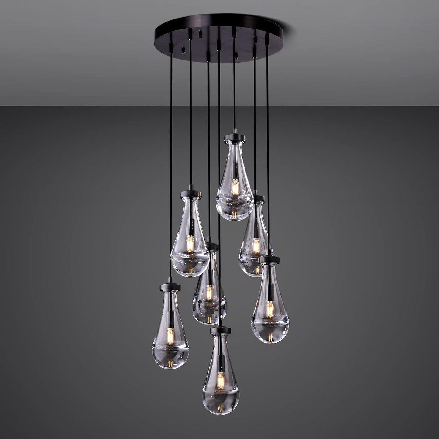 7 Light Raindrop Chandeliers, Bronze Teardrop Cluster Pendant Lights Kitchen Island, Black Dining Room Chandelier Over Table Hanging Pendant Lighting for High Ceiling, Entryway Staircase
