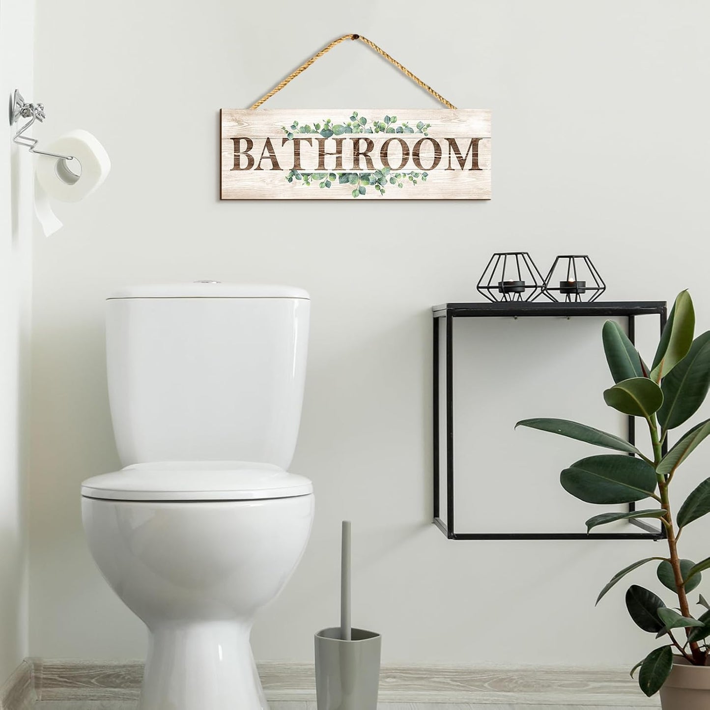 Bathroom Kitchen Laundry Pantry Sign Wall Decor 4 Piece, Wall Art with Plant Print, Rustic Farmhouse Wall Hanging Plaque Home Kitchen Decorative Bathroom, 4.7 x 13.7 inches