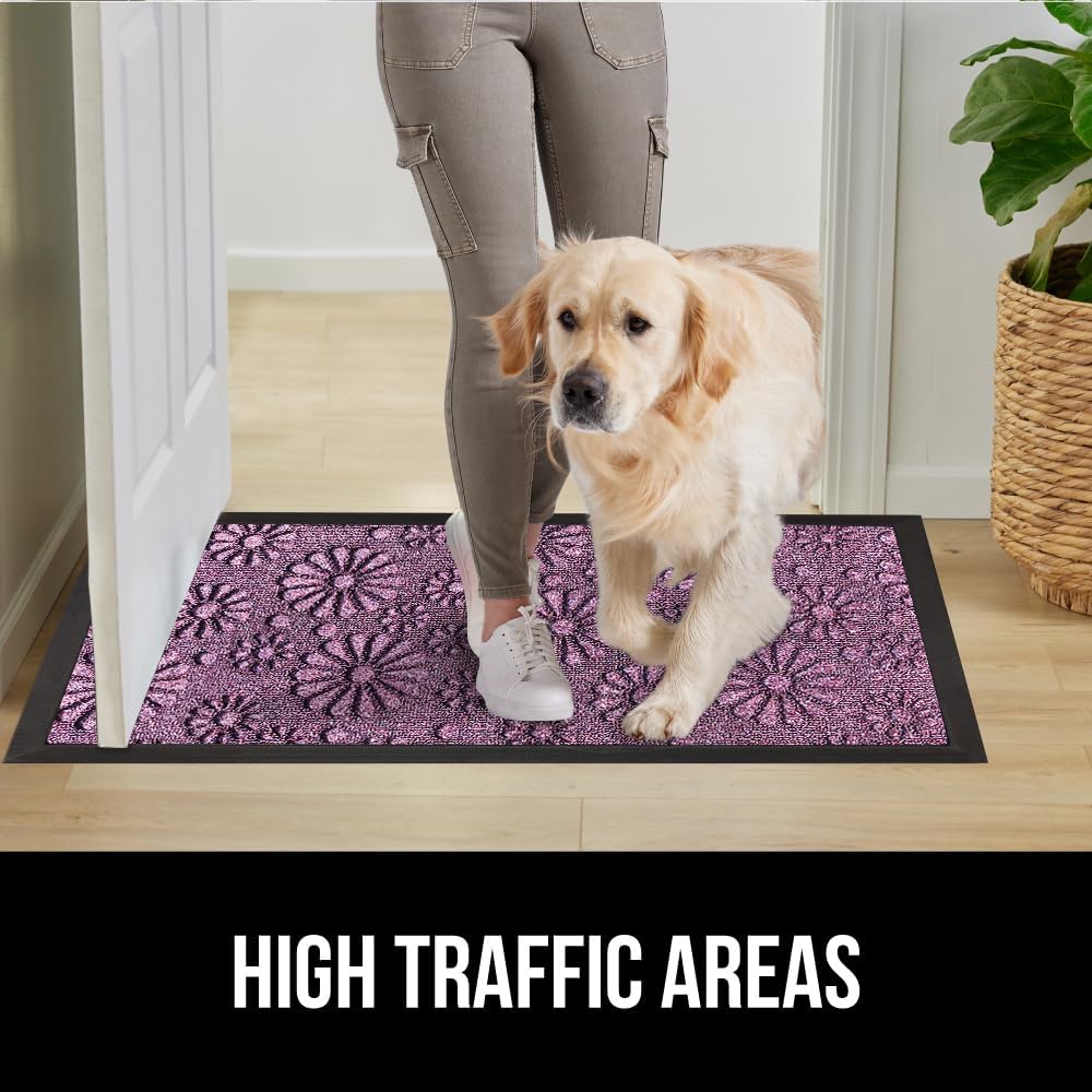 GORILLA GRIP 100% Waterproof All-Season WeatherMax Doormat, 23x35, Durable Natural Rubber, Stain and Fade Resistant, Low Profile, Indoor Outdoor Doormats, Easy Clean Entry Mat, Purple Confetti Daisy