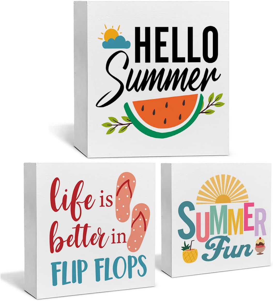 Summer Decor for Home Hello Summer Tiered Tray Decor 3 Pcs Wood Decorative Signs Table Desk Shelf Decoration