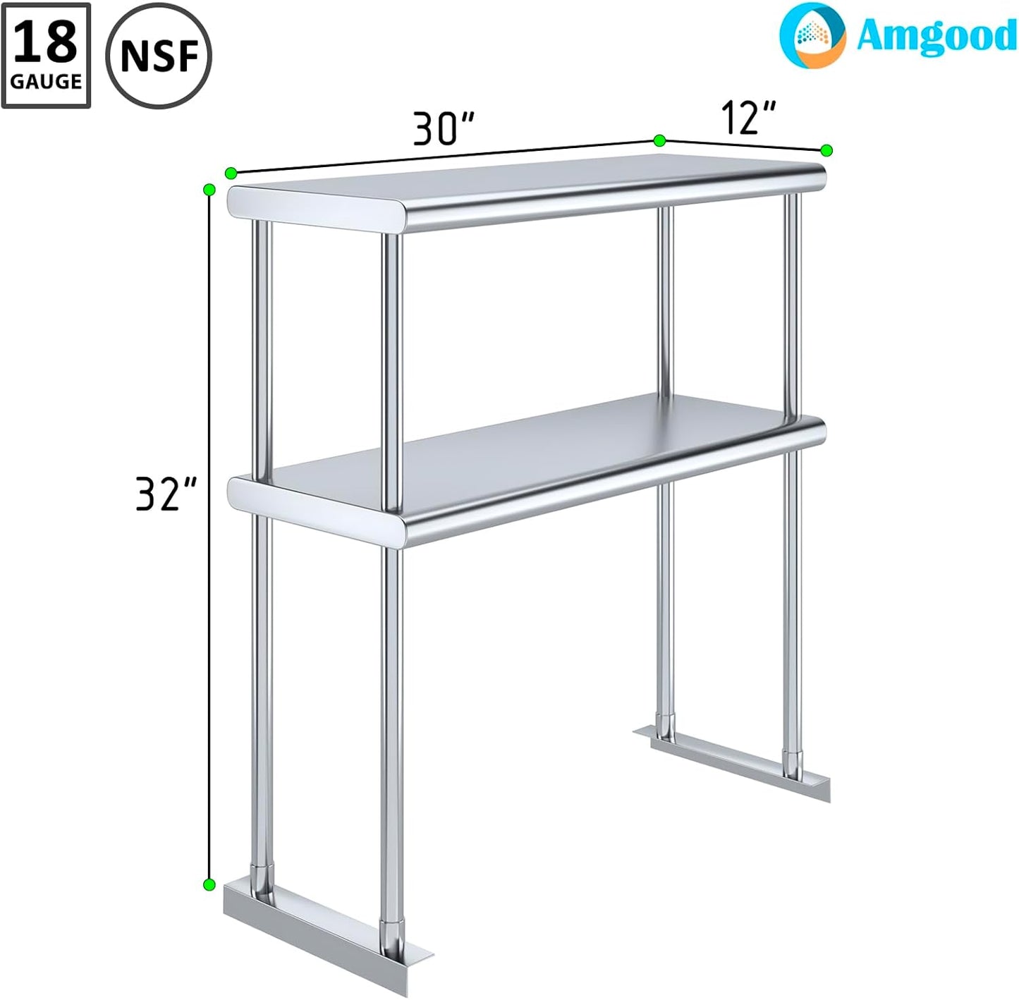 AmGood Double OverShelf Stainless Steel NSF - Many (30" Long x 12" Deep)