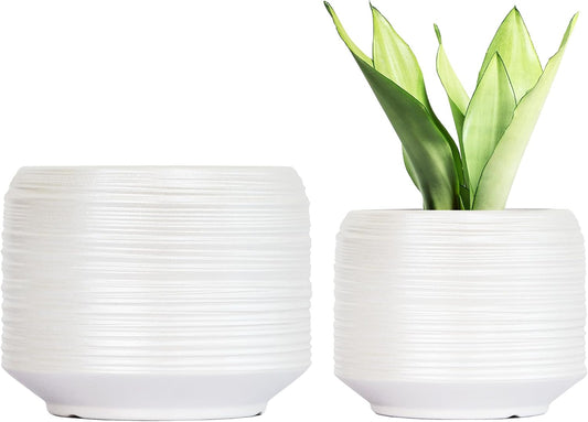 8 Inch + 6 Inch Ceramic Plant Pots Indoor with Drainage – Flower Pot Set, Decorative Indoor Planters for House Plants and Garden Use