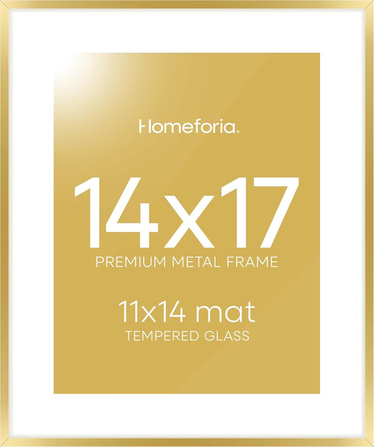 Homeforia 14x17 Picture Frame Gold, High End Metal 14x17 Poster Frames with Mat 11x14 Photo, 14 x 17 Gold Frames Matted to 11 by 14 Print, 17x14 Thin Hanging Frames, Tempered Glass, Wall Kit, Set of 1