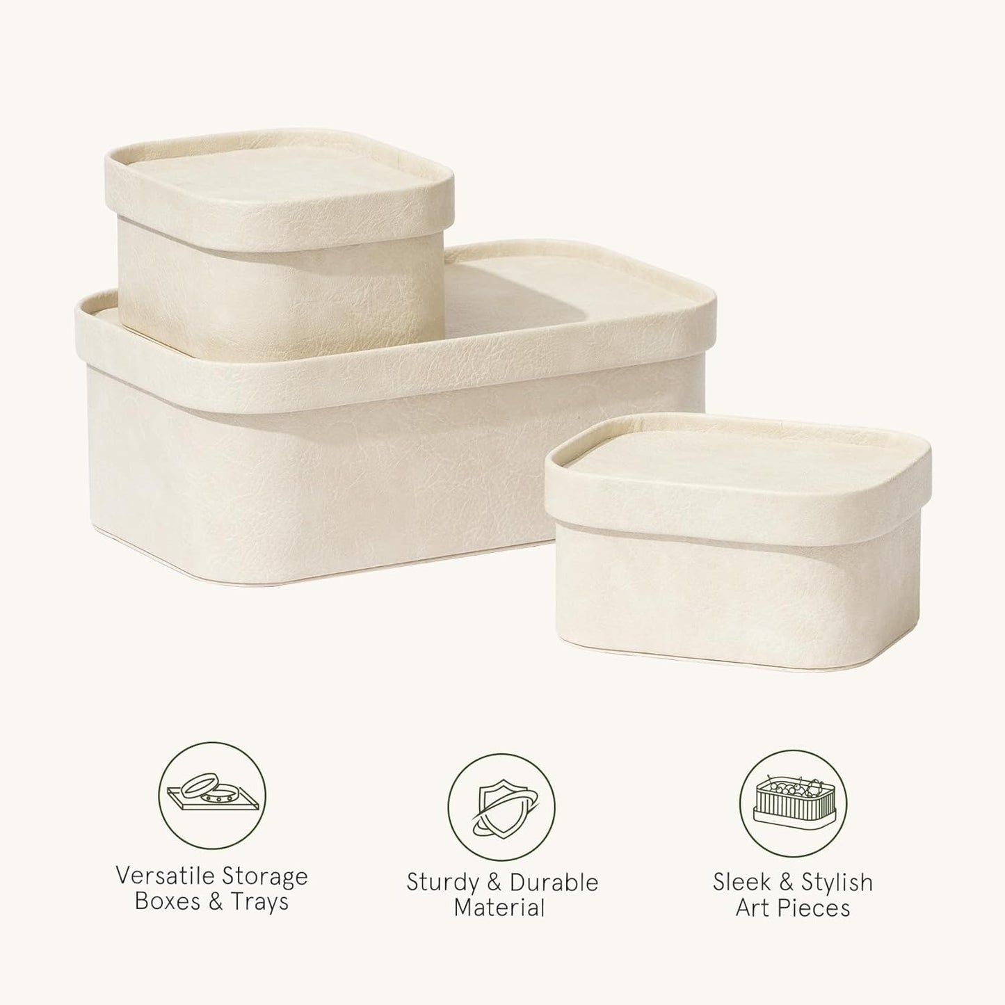 La Jolie Maison Vegan Leather Storage Boxes with Lids, Set of 3 Decorative Storage Containers Organize Stackable Storage Box, Beige