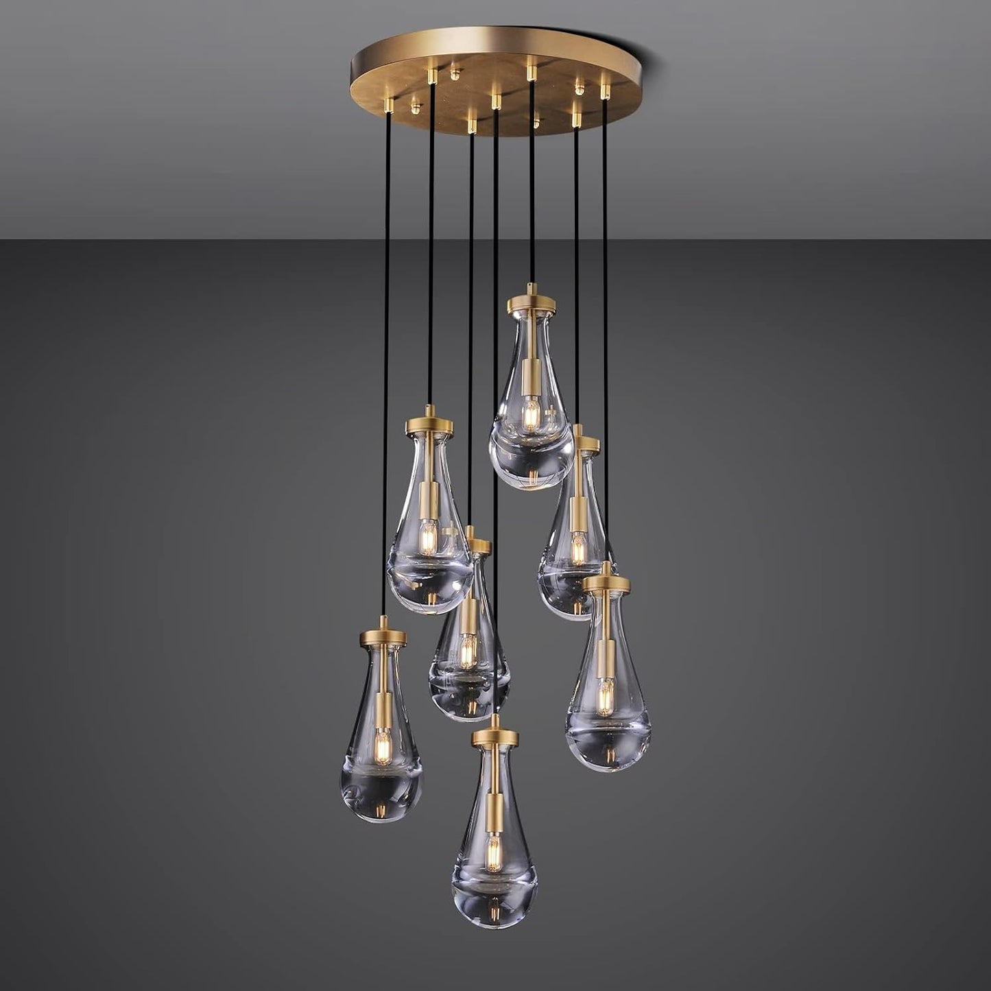 7 Light Raindrop Chandeliers, Brass Teardrop Cluster Pendant Lights Kitchen Island, Gold Dining Room Chandeliers Over Table Hanging Pendant Lighting for High Ceiling, Entryway Staircase