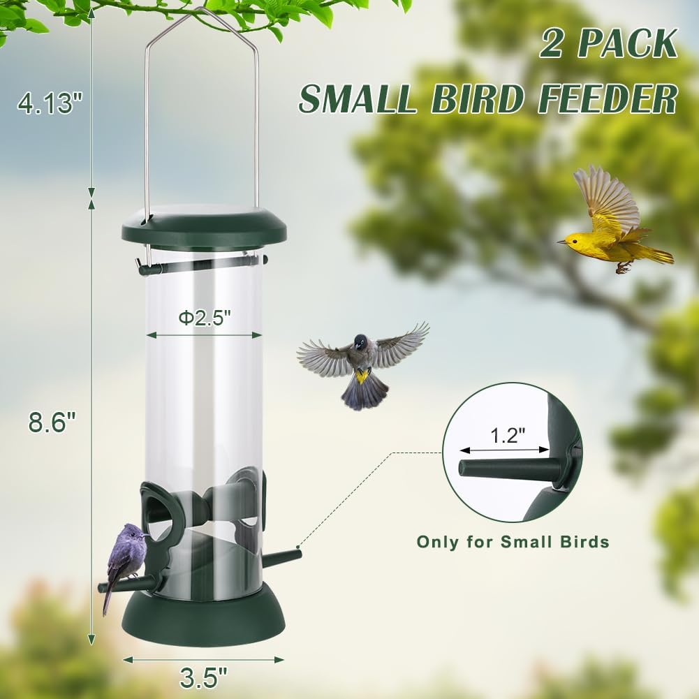 FEED GARDEN 2 Pack Tube Bird Feeders for Outdoors Hanging, Premium Hard Plastic Wild Bird Feeders with 2 Ports, Small Bird Feeder Easy-Refill&Clean, Gifts for Mom Woman, 8.5 Inch Green