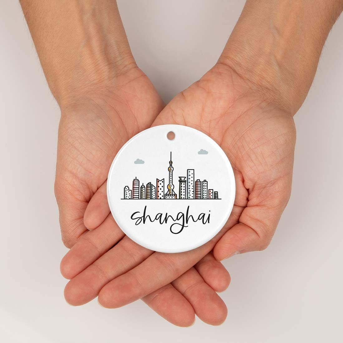 Andaz Press Round Ceramic Porcelain Christmas Tree Ornament Keepsake Gift, Shanghai, Colorful International City Skyline Graphic, 1-Pack, Birthday Ideas Family Coworker Him Her, Gift Box