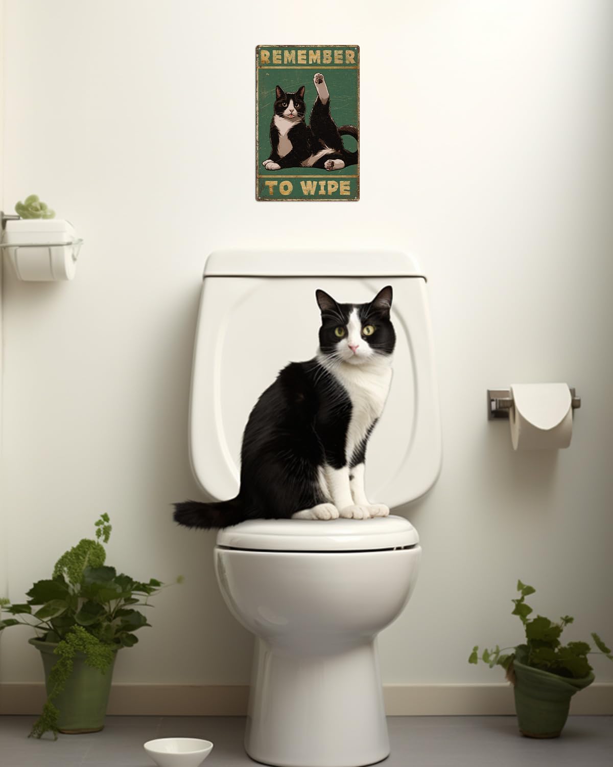 ALKB Bathroom Tuxedo Cat Sign - Remember to Wipe - Cat Lover Gift 8x12 Inch Vintage Metal Sign for Bathroom Decorations