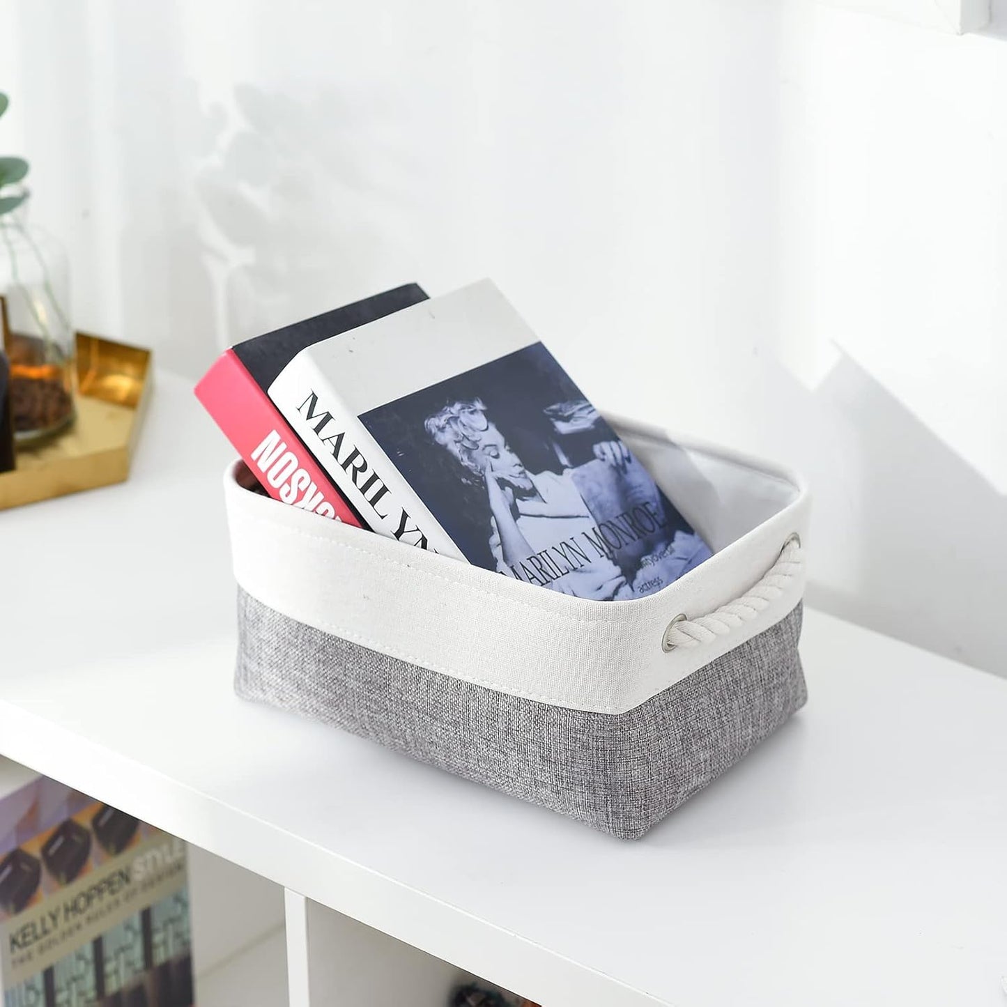 TheWarmHome Organization and Storage Basket for Shelves - 12x8x5.2 inch 1 Pack Fabric Storage Cubes, Collapsible Storage Bins for Closet Organizer Gift Cloth Toy (White & Grey)