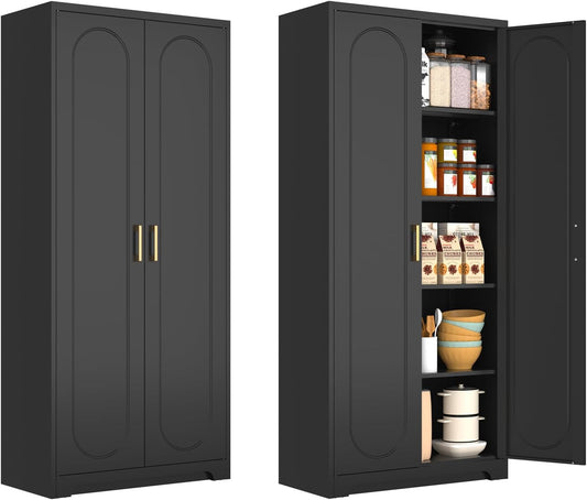 71" Tall Kitchen Pantry Cabinet, Pantry Storage Cabinet with Doors and Shelves, Metal Food Pantry Cabinets with Handles, Black Freestanding Cupboard for Living&Dining Room-Assemble Required
