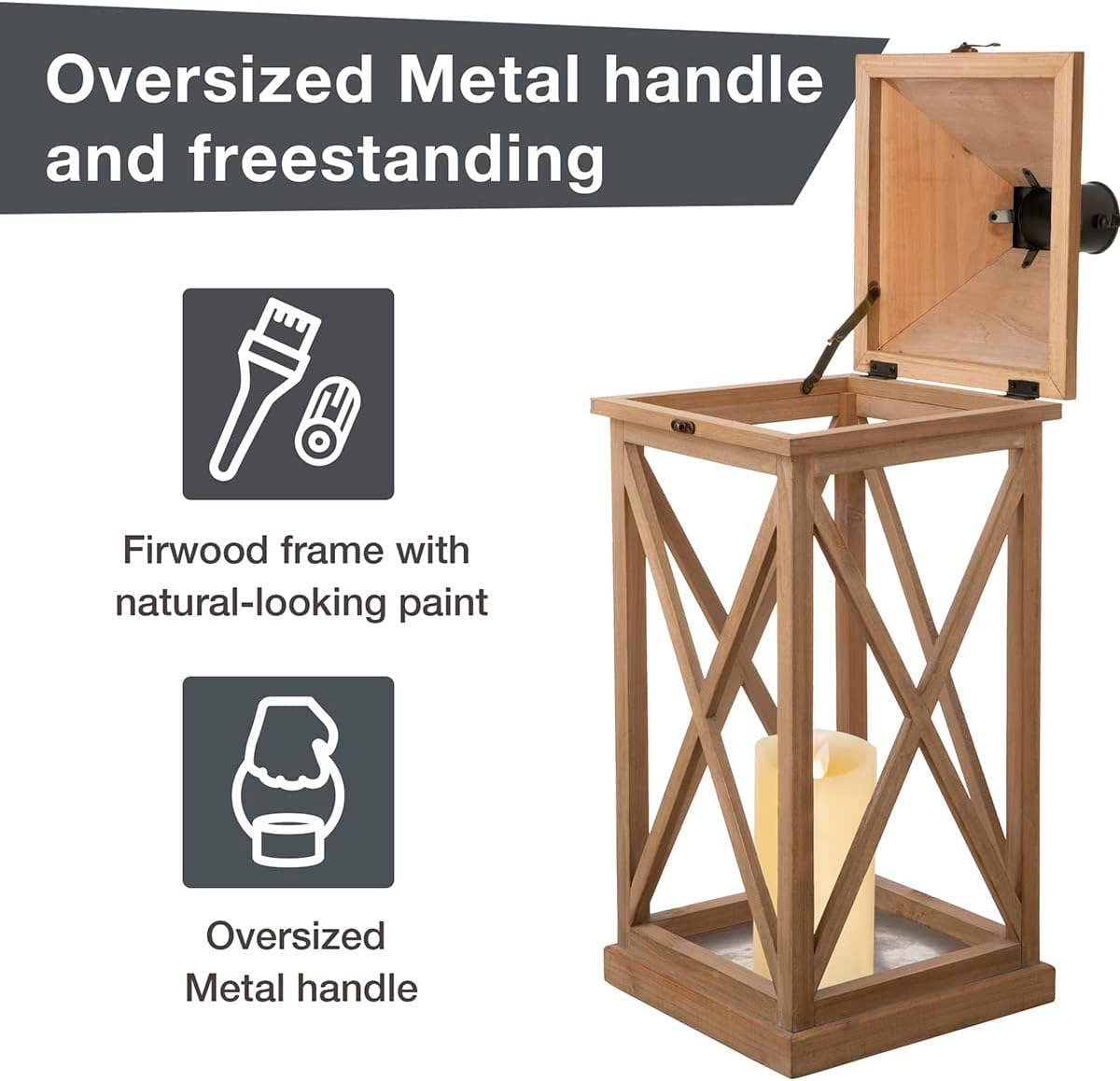 Glitzhome Mondern Farmhouse Wood Metal Lanterns Decorative Hanging Candle Lanterns Set of 2, Natural (No Glass)