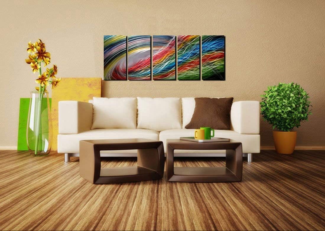 Panel Metal Wall Art with Colorful Wave Lines Design, Abstract Modern and Contemporary Décor, Unique Metal Wall Sculpture, Silver Aluminum Artwork, Indoor and Outdoor decoration, 5 panels 64"x24"