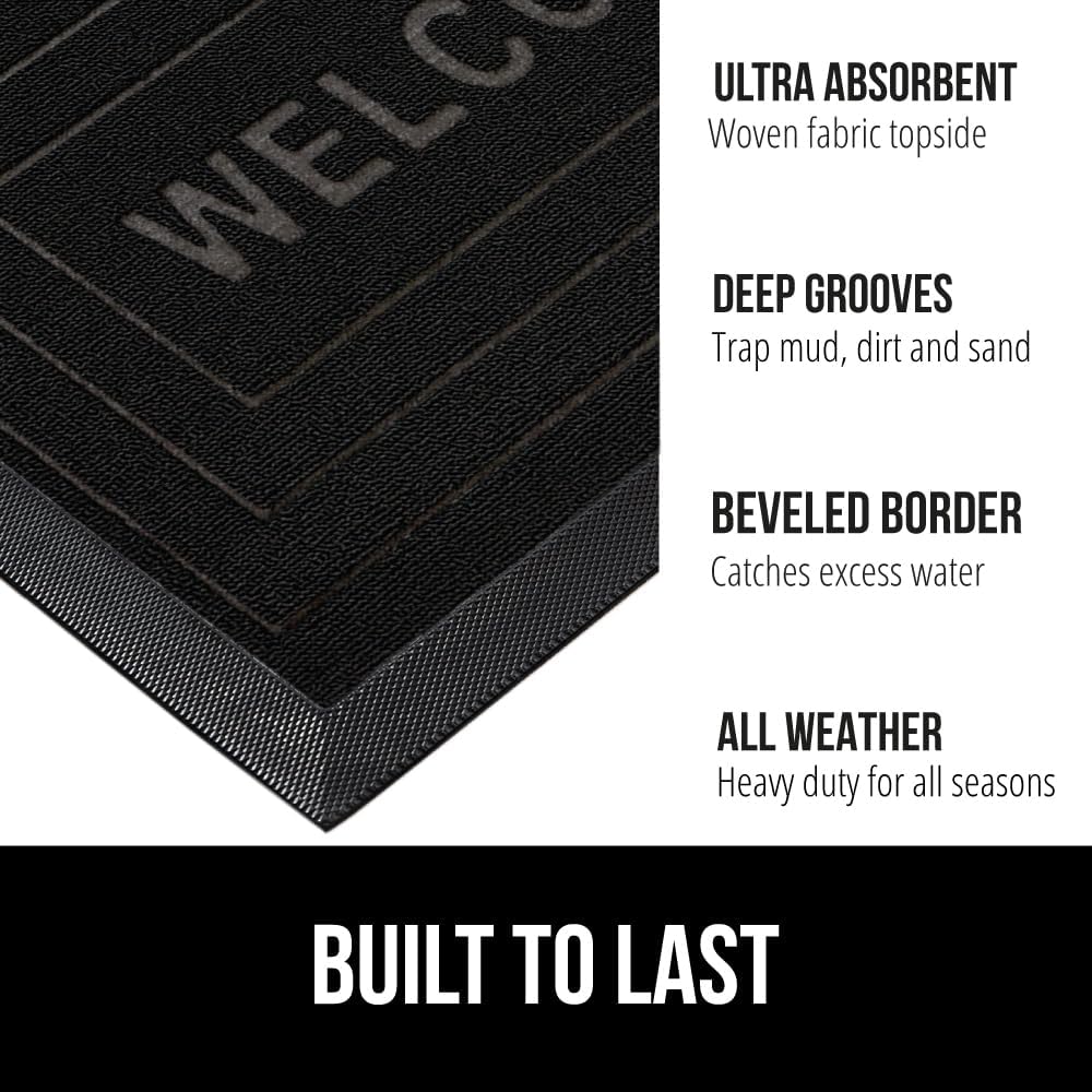 GORILLA GRIP 100% Waterproof All-Season WeatherMax Doormat, 47x35, US Designed Natural Rubber, Stain and Fade Resistant, Low Profile Indoor Outdoor Door Mats, Easy Clean Patio Mat, Black Welcome