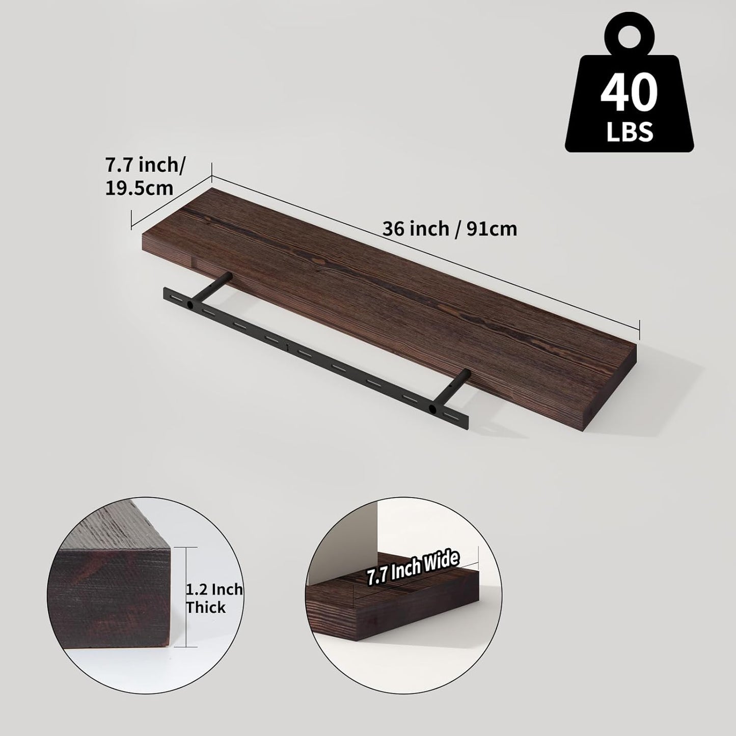 SAUMONIERES Floating Shelves 8 Inch Deep Solid Wood Wide Wall Shelf Set of 2 Wall Mounted for Bedroom Bathroom Living Room Kitchen, 36 Inch Walnut