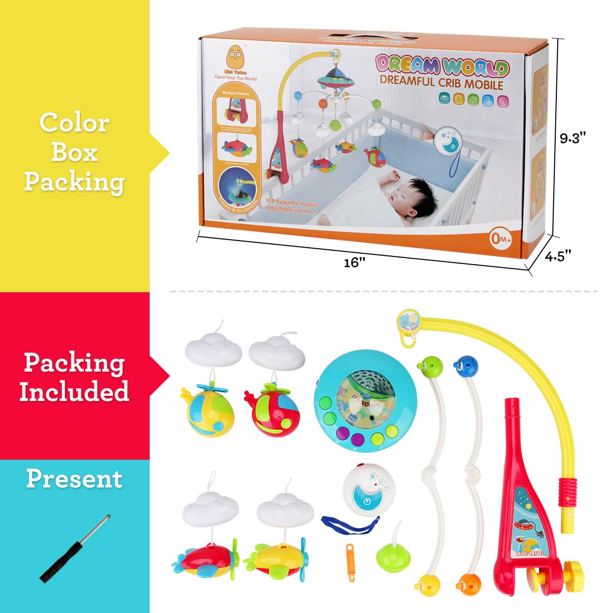 Baby Musical Crib Mobile with Hanging Rotating Toys, Remote Control, Lights Projector Function Music Box, Cartoon Rattles for Babies Boy Girl 0-24 Months, Newborn Sleep with 108 Melodies (Plane)