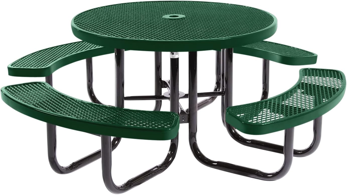 Heavy-Duty Portable Outdoor Picnic Table with Umbrella Hole, Expanded Metal Commercial-Grade Patio Dining Furniture Made in America (46" Round Top, Green)