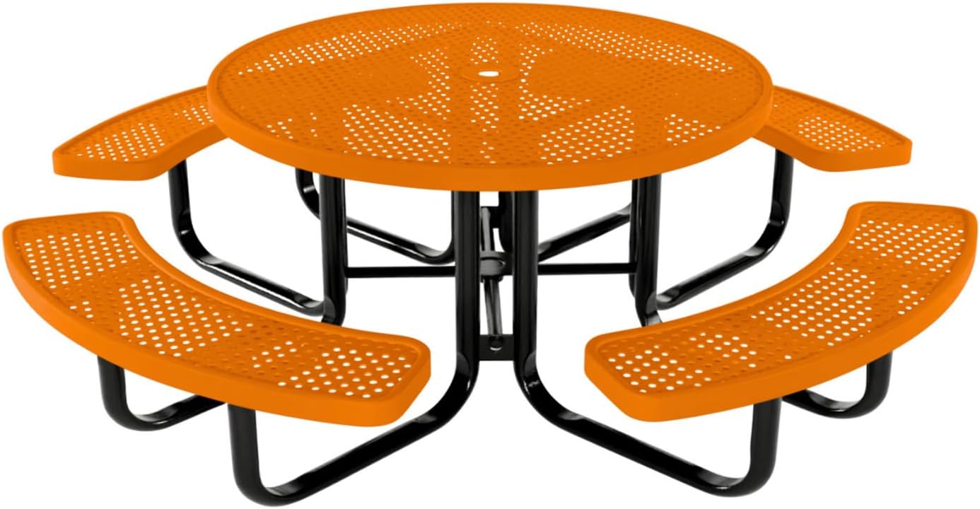 Heavy-Duty Portable Outdoor Kids Table with Umbrella Hole, Punched Steel Kids Picnic Table, Commercial-Grade, Made in America (46 in, Round, Childrens, Textured Orange)