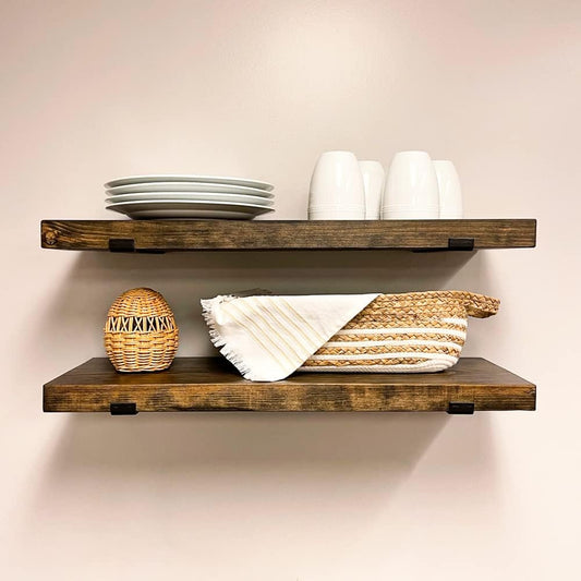 Rustic Shelves with J-Brackets Set of 2, Industrial Shelf, Kitchen Shelves, Solid Wood, Decorative Wall Storage, Heavy Duty, URBANDI (Dark Brown, 24Wx6D)