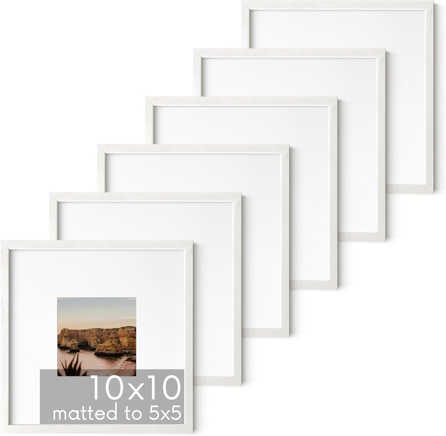 HAUS AND HUES Solid Oak Wood 10”x10” Picture Frames Matted to 5”x5” Set of 6 - Square White Picture Frames 10x10, White Frames 10 x 10, Gallery Wall Frame Set, 10 x 10 White Poster Frames