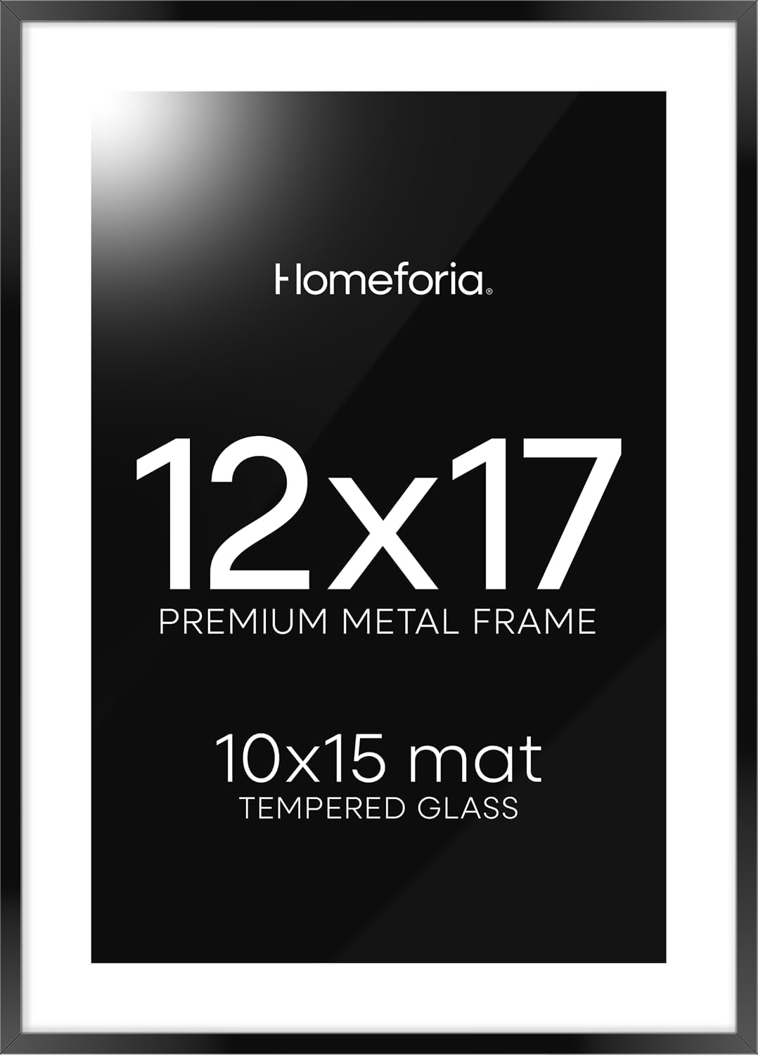 Homeforia 12x17 Picture Frame Black, High End Metal 12x17 Poster Frames with Mat 10x15 for Photo, 12 x 17 Black Frame Matted to 10 x 15 inch Print, 17x12 Thin Frame, Tempered Glass, Wall Kit, Set of 1