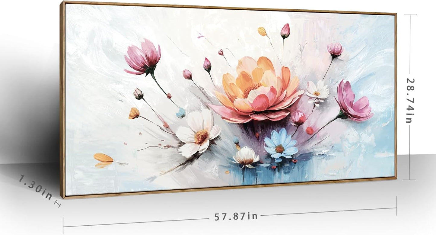 amatop Framed Floral Canvas Wall Art – Oversized Pink Blue Abstract Bloom Flower Print Daisy & Peony Picture Elegant Botanical Nature Large Artwork for Living Room Bedroom Dining Entryway Decor 58x29 inch