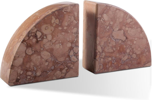 Marble Bookend for Shelves, Non-Skid Bookends for Heavy Books, Heavy Duty Book Stopper for CDs, Luxury Book Shelf Holder, Quarter Circle Design Book Ends Decorative, Perlino Rosato, Set of 2