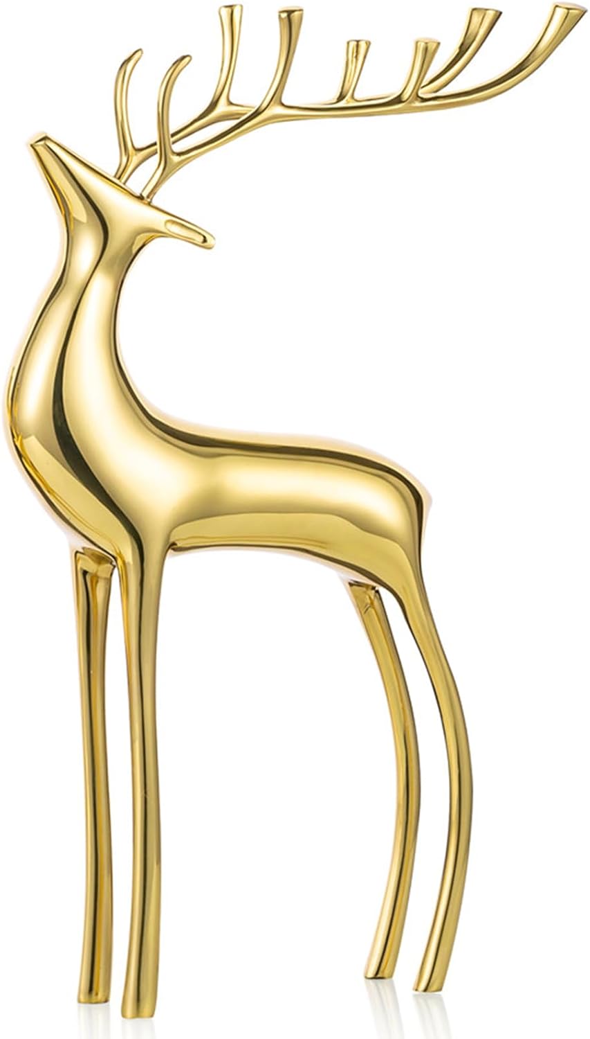 Sziqiqi Reindeer Sculpture for Christmas Table Centerpieces - Gold Brass Deer Antler Statue Decor Metal Elk Figurine Modern Stag Sculpture for Christmas Decorations Indoor Animal Rein Deer Ornaments