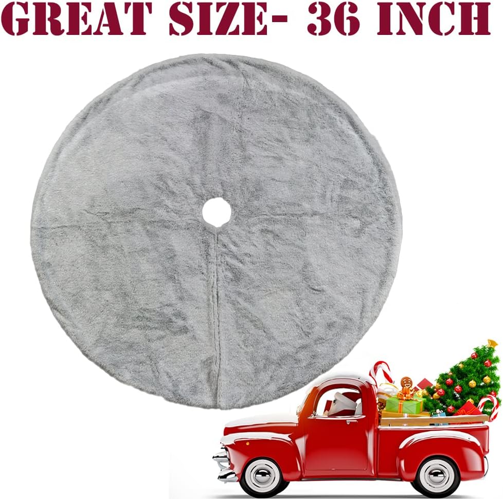 AISENO 36 Inch Christmas Tree Skirt Faux Fur Grey Bright Silk Shiny Decoration for Christmas Tree Plush Merry Christmas Decorations Decor