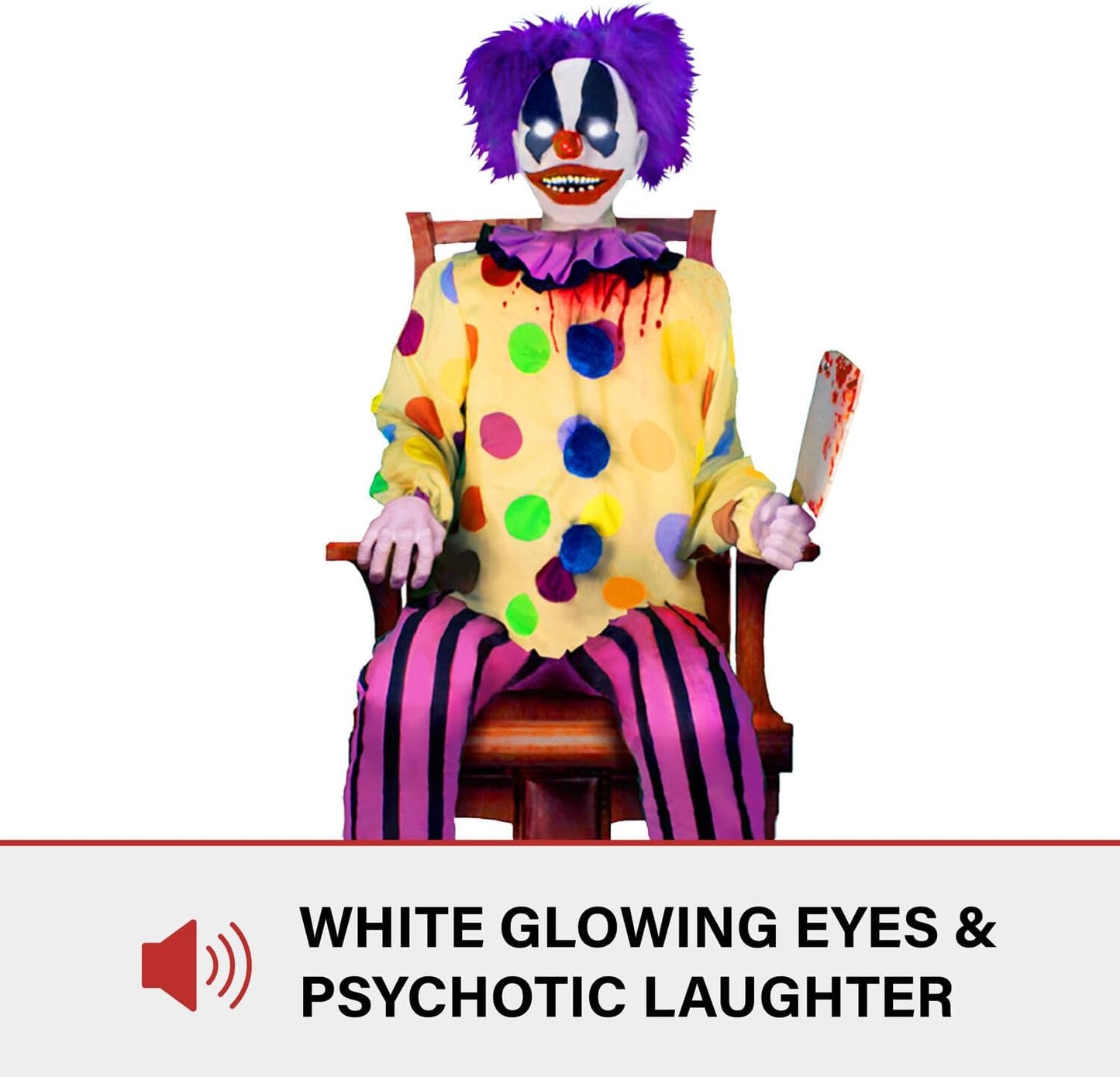 Haunted Hill Farm Motion-Activated Thrashing Clown with a Meat Cleaver by Tekky, Sitting Halloween Animatronic for Indoor or Covered Outdoor Creepy Halloween Decorations, Plug-in or Battery Operated