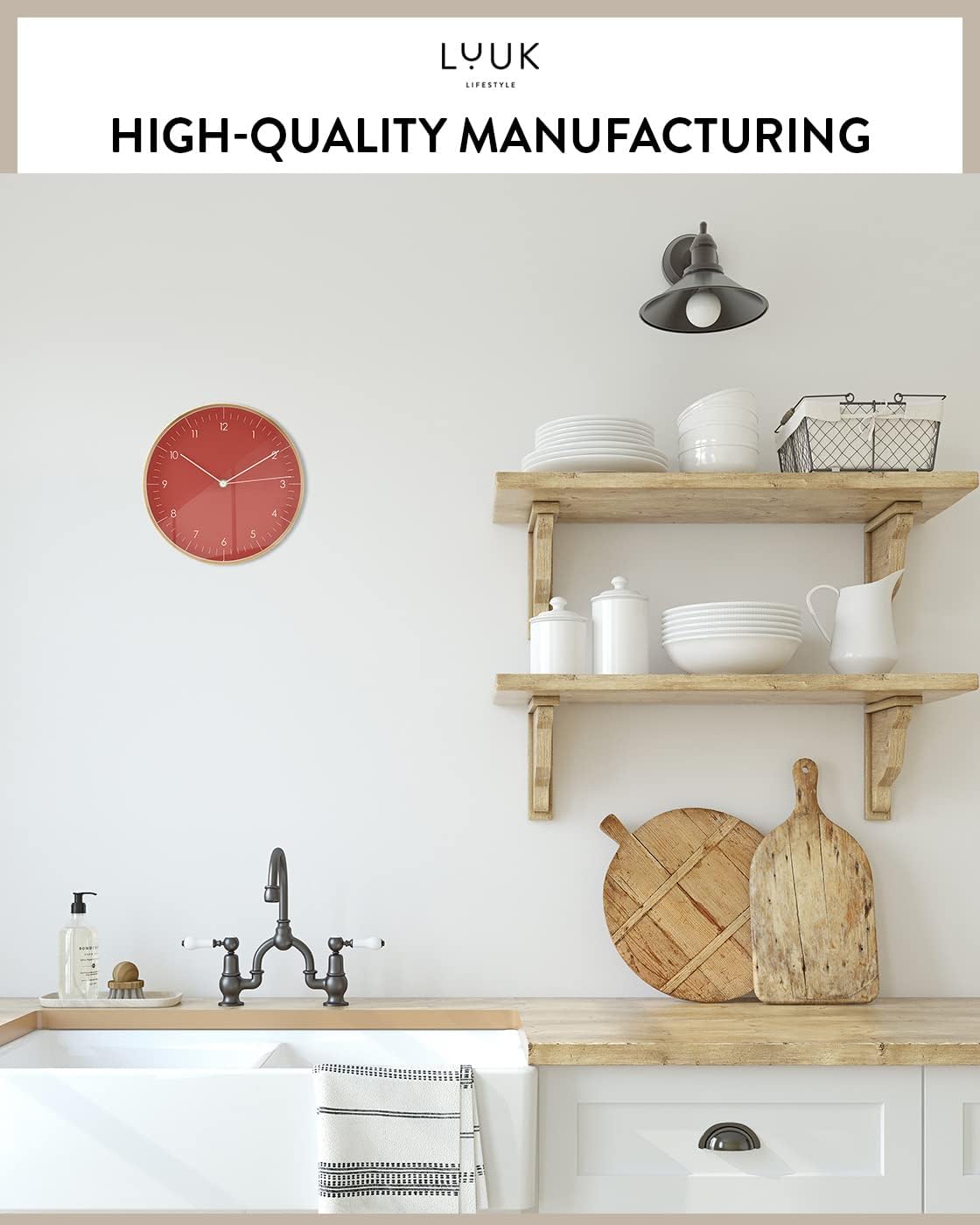 LUUK LIFESTYLE Modern Wall Clock with Silent Quartz Movement, Stylish and Elegant, for Living Room, Bedroom, Dining Room, red and Gold