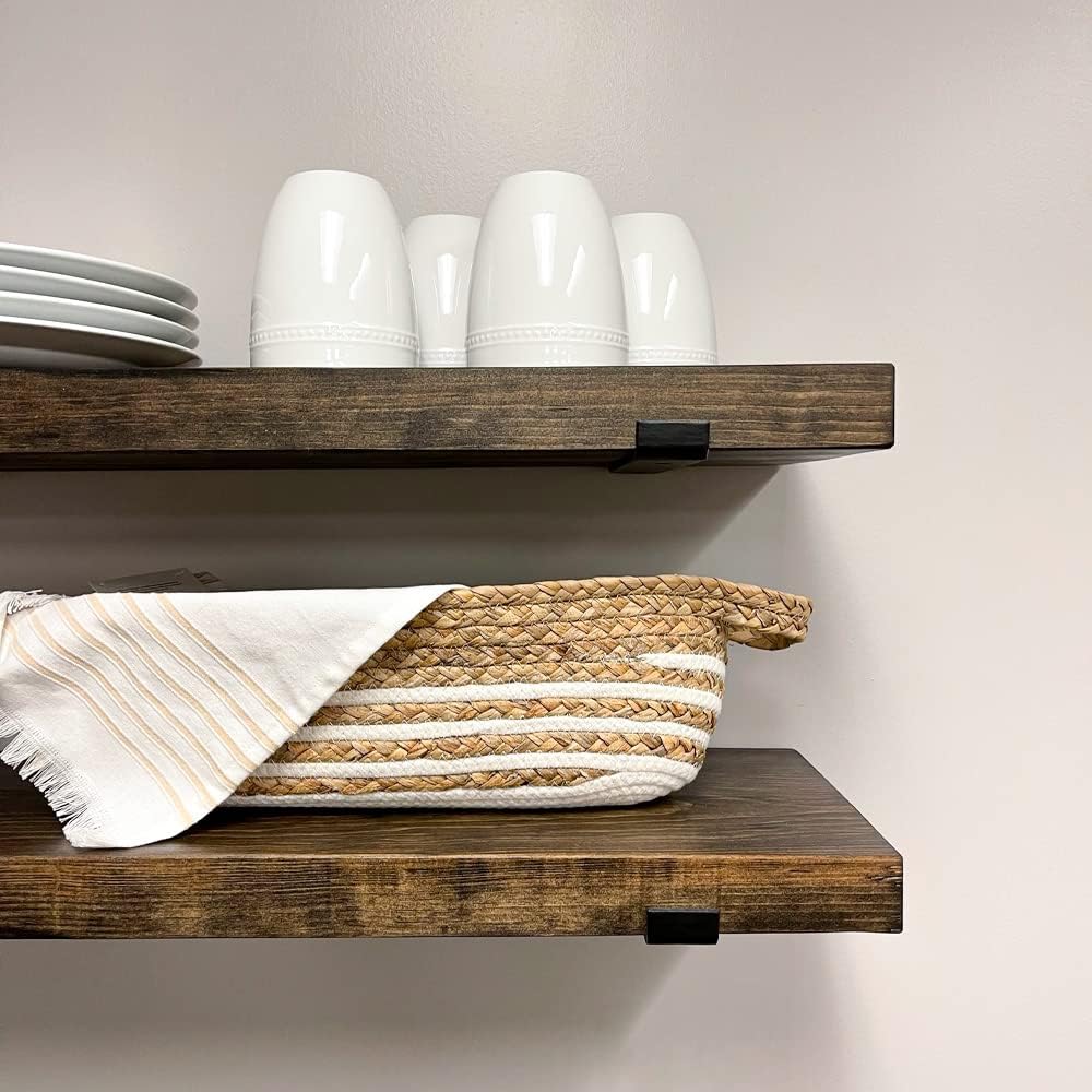 Rustic Shelves with J-Brackets Set of 2, Industrial Shelf, Kitchen Shelves, Solid Wood, Decorative Wall Storage, Heavy Duty, URBANDI (Dark Brown, 36Wx6D)