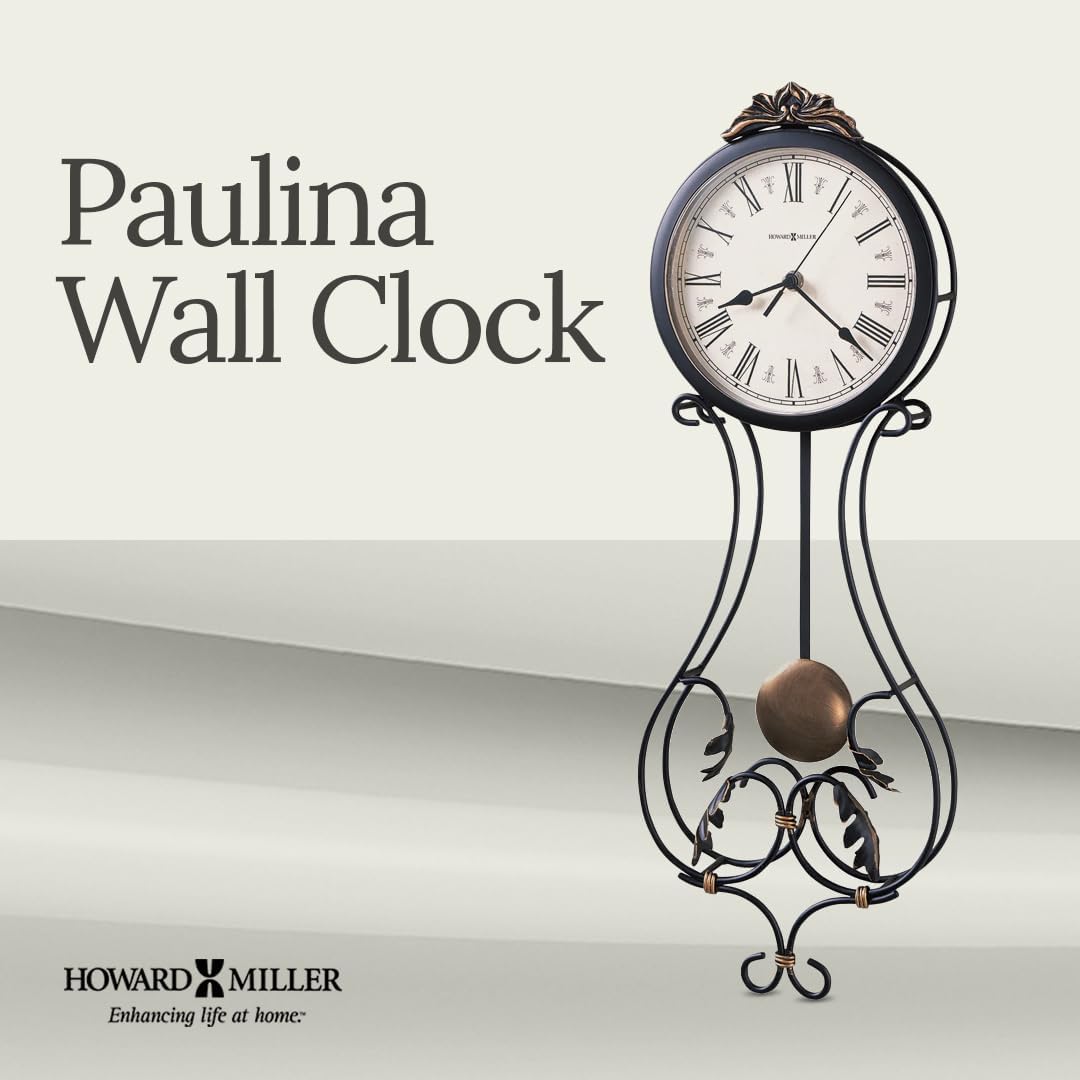 Howard Miller Paulina Wall Clock, Gray Finishes with Golden Pendulum & Quartz Movement, Classic Round White Dial with Roman Numeral Perfect for Home Decor, Living Room & Office Wall Mount
