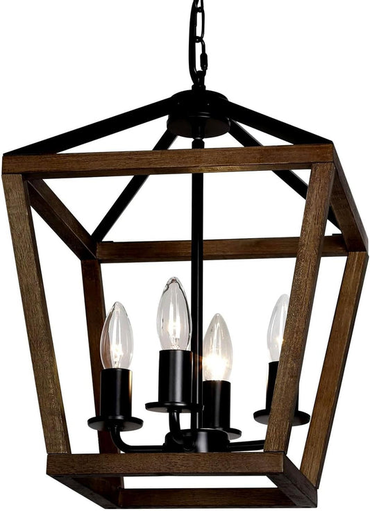 4-Light Lantern Pendant Light,Black Wood Cage Farmhouse Chandelier for Kitchen Island,12'' Rustic Metal Geometric Hanging Lighting Fixture for Kitchen Island Dining Room Bedroom Foyer Entry
