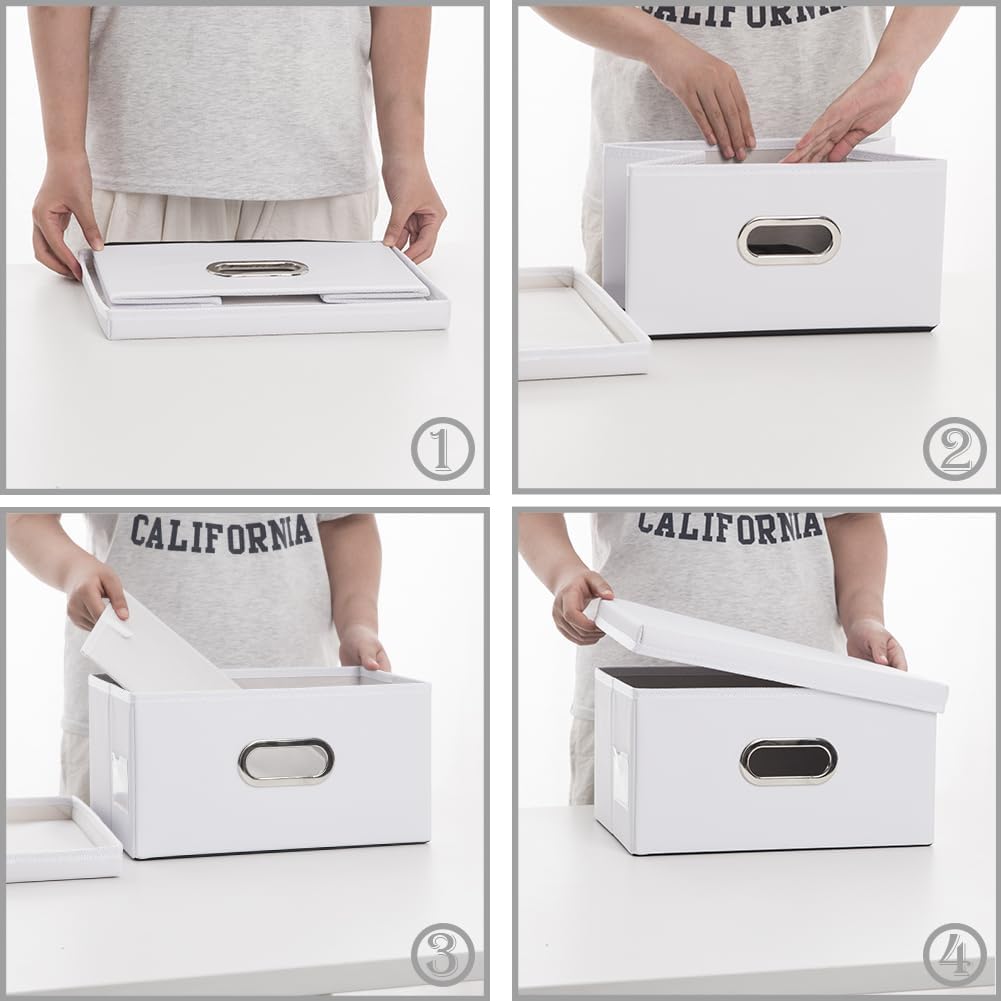 PRANDOM Collapsible Storage Box with Lid [3-Pack] Leather Fabric Foldable Storage Bin Organizer Container Basket Cube with Cover for Home Bedroom Closet Office Nursery White(13.6x9.6x6.9)