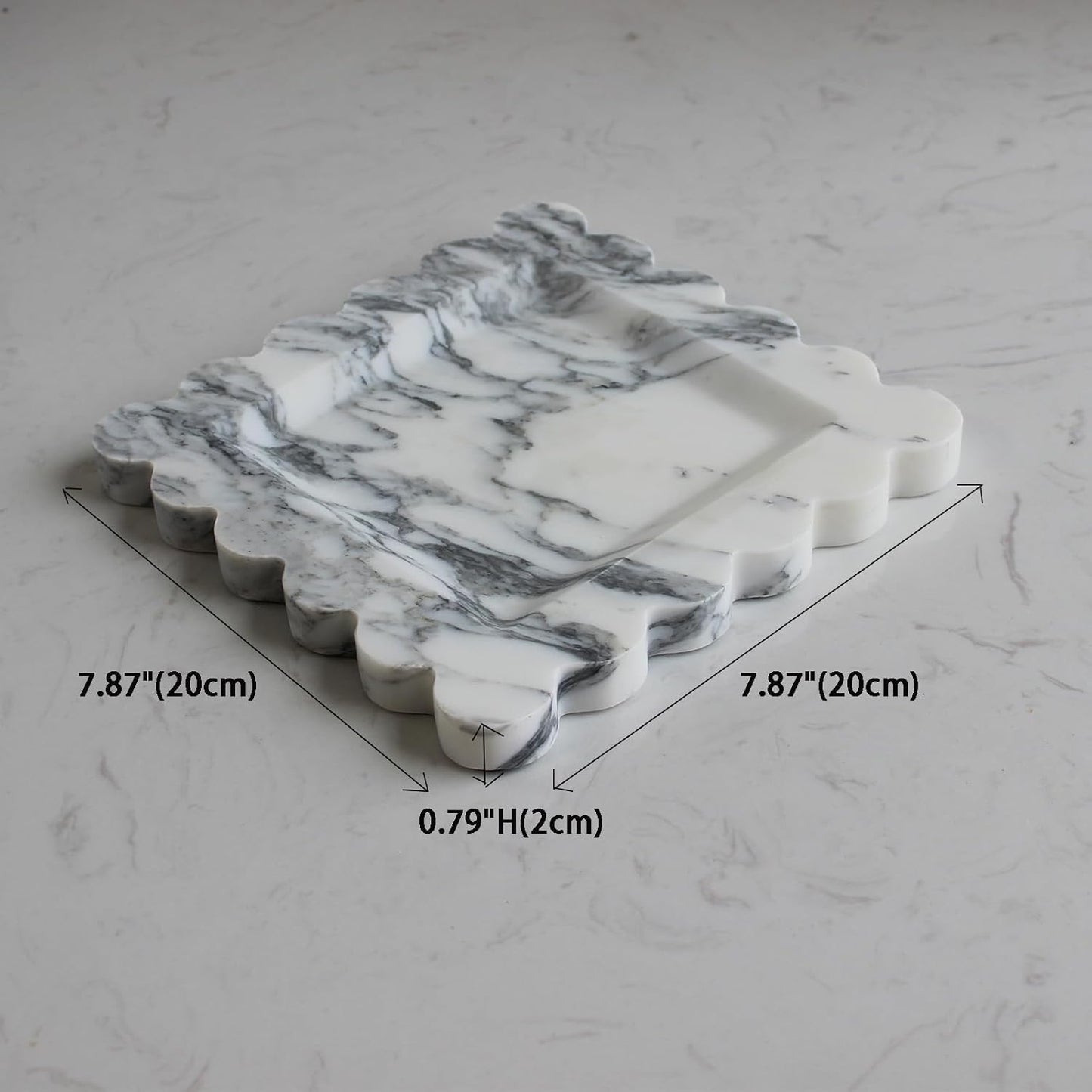 Natural Luxury Marble Tray with Scalloped Edge, Handmade Square Decorative Tray, Catch All Tray for Counter, Dresser, Nightstand and Home Décor (Arabescato Calacatta)