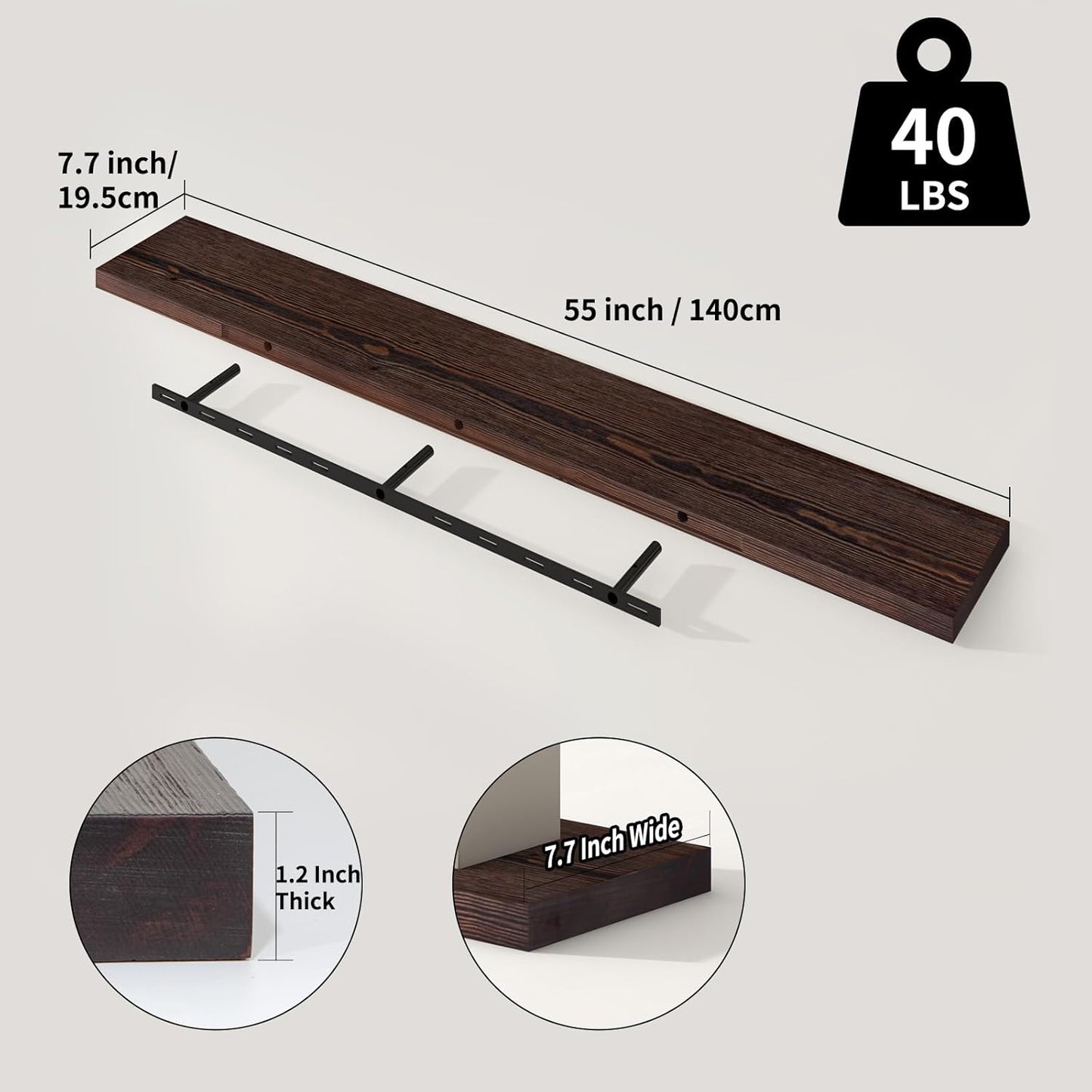 SAUMONIERES Floating Shelves 8 Inch Deep Solid Wood Wide Wall Shelf Set of 1 Wall Mounted for Bedroom Bathroom Living Room Kitchen, 55 Inch Walnut