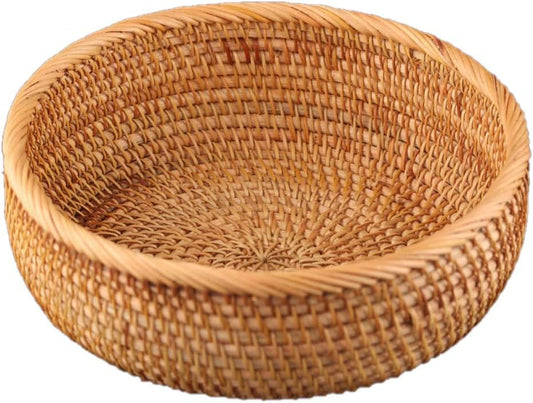 Hadewoven Round Rattan Fruit Basket Wicker Food Tray Weaving Storage Holder Dinning Room Bowl, 9 Inch Woven Bread Basket Key Bowls with 3.5”Wall for Table, Countertop (Medium 8.66")