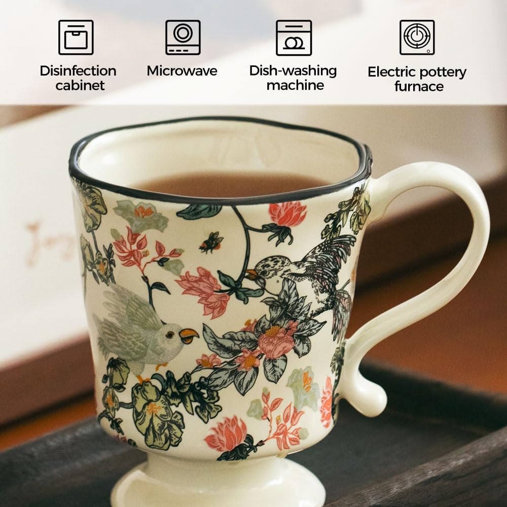 360ml -12.17oz Painted Floral & Bird Ceramic Mug - Cute Coffee Cup for Latte, Espresso - Gift for Women, Dishwasher Safe