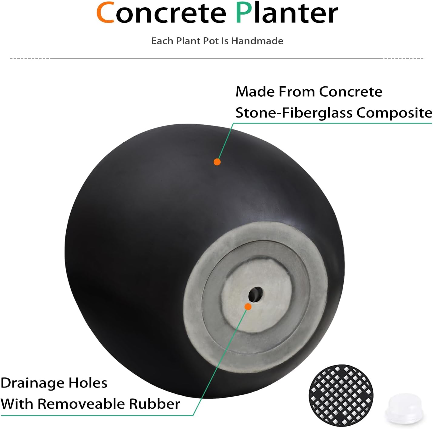 Ball Concrete Planter Outdoor Indoor, Large Tall Cement Plant Pots for Trees Flowers (Black, 20 inch)