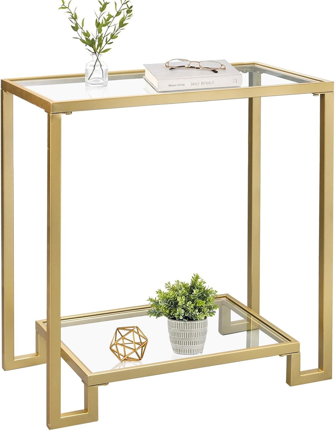 2 Tier Rectangular Side Table, Gold End Table with Glass Top, Modern Metal Clear Coffee Table，Small Accent Table for Living Room, Bedroom, 22" x 12.4" x 24"